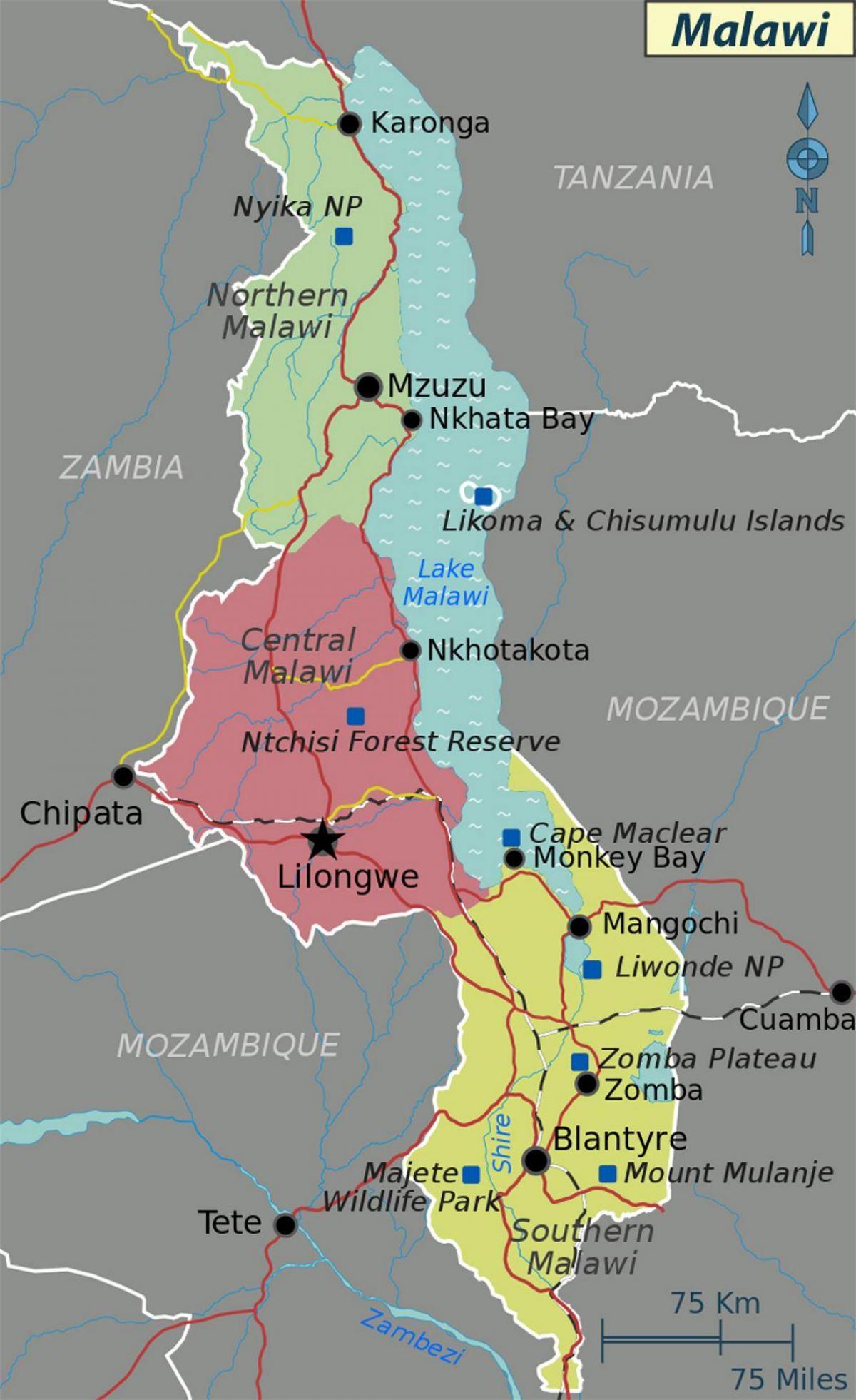 מפה של אגם מלאווי אפריקה